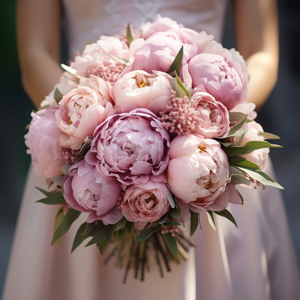 Bride holding bouquet of peonies