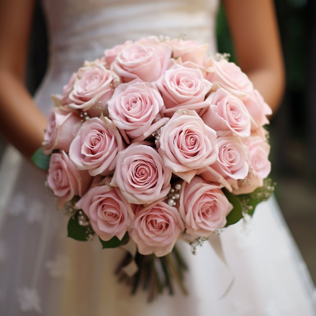 Bride holding bouquet of pink roses. 