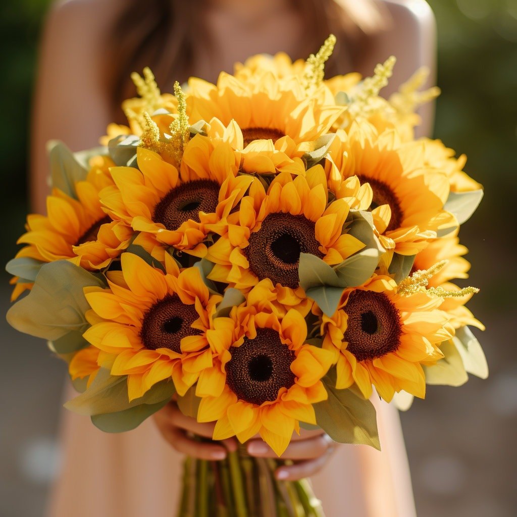 Bride holding bouquet of sunflowers