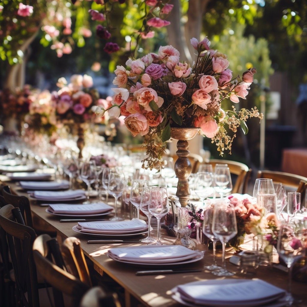 California Garden wedding table with many plate sets and large flower centerpieces. 