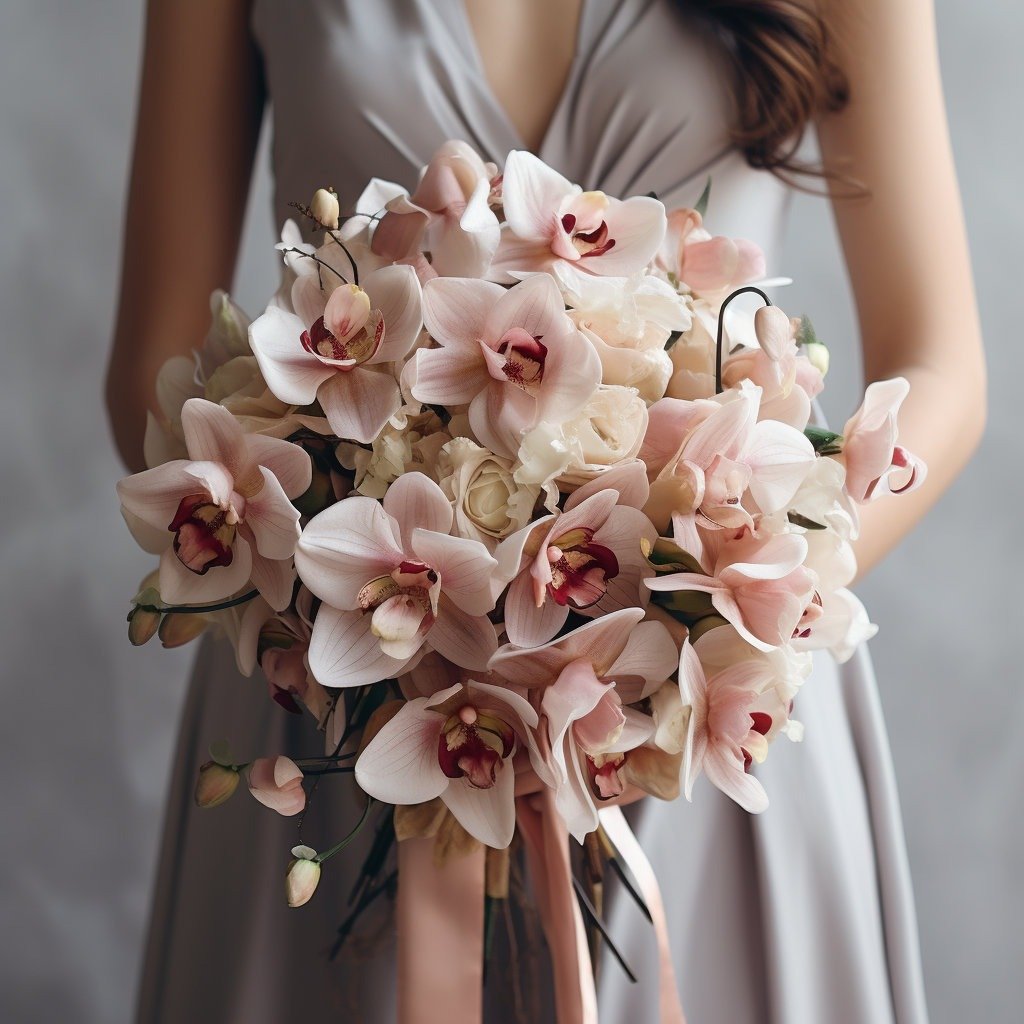 Bride holding bouquet of orchids